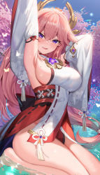 Rule 34 | 1girl, absurdres, armpits, arms up, bare legs, blush, breasts, commentary request, day, detached sleeves, dress, floral print, genshin impact, hair between eyes, highres, large breasts, long hair, long sleeves, looking at viewer, mole, mole on breast, outdoors, parted lips, pink hair, purple eyes, shanguier, sideboob, sitting, smile, solo, very long hair, water, white dress, yae miko