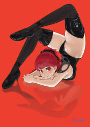 Rule 34 | 1girl, absurdres, artist name, ass, bare shoulders, black bodysuit, black thighhighs, bodysuit, breasts, chest stand, contortion, crossed arms, flexible, hair tie, high heels, highres, looking at viewer, medium breasts, persona, persona 5, ponytail, red background, red eyes, red hair, sideboob, signature, simple background, smile, solo, springhead, swept bangs, thighhighs, thighs, yoshizawa kasumi