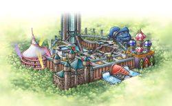 Rule 34 | annotated, battle frontier (pokemon), battle tower (pokemon), building, castle, creatures (company), day, flag, forest, fountain, game freak, grass, harada midori, nature, nintendo, no humans, official art, pokemon, pokemon dppt, pokemon platinum, scenery, stairs, tower, tree, wall, water