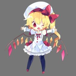 Rule 34 | 1girl, black pantyhose, blonde hair, bow, chibi, commentary request, crystal, fang, flandre scarlet, full body, grey background, hat, hat bow, highres, long hair, long sleeves, looking at viewer, nikorashi-ka, one eye closed, open mouth, outstretched arms, pantyhose, pleated skirt, puffy sleeves, red bow, red eyes, red footwear, red neckwear, shirt, side ponytail, simple background, skirt, solo, spread arms, touhou, white hat, white shirt, white skirt, wings