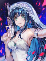 Rule 34 | 1girl, aoki (fumomo), armlet, armpits, blue background, blue hair, breasts, cleavage, dress, floating hair, green eyes, gun, hair between eyes, holding, holding gun, holding weapon, long hair, looking at viewer, maria traydor, medium breasts, parted lips, petals, sideboob, sleeveless, sleeveless dress, solo, star ocean, star ocean till the end of time, strapless, striped clothes, striped dress, upper body, very long hair, weapon, white dress