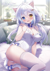 Rule 34 | 1girl, animal ears, arm support, babydoll, bed, blue eyes, bottle, breasts, cameltoe, cat ears, cat girl, cat tail, cleavage, covered navel, detached collar, feet out of frame, fish hair ornament, hair between eyes, hair ornament, heterochromia, indoors, large breasts, long hair, looking at viewer, mikeou, on bed, open mouth, original, perfume bottle, smile, solo, sunlight, tail, thighhighs, twitter username, upper body, very long hair, white babydoll, white hair, window, yellow eyes