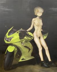 Rule 34 | 1girl, bad id, bad twitter id, bags under eyes, black footwear, breasts, casual nudity, collarbone, expressionless, female focus, female pubic hair, gloves, highres, kawasaki (company), looking at viewer, motor vehicle, motorcycle, nipples, nude, original, paopao (k fortunati pao), petite, pubic hair, shoes, short hair, small breasts, solo, traditional media, zenra