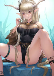 Rule 34 | 1girl, arknights, bad id, bad pixiv id, bare shoulders, black one-piece swimsuit, breasts, brown eyes, commentary, feet out of frame, hair between eyes, hand up, horns, knee up, large breasts, long hair, looking at viewer, mokyumokyuchan, official alternate costume, one-piece swimsuit, parted lips, pointy ears, shining (arknights), shining (silent night) (arknights), silver hair, sitting, solo, spread legs, swimsuit, thighs, very long hair