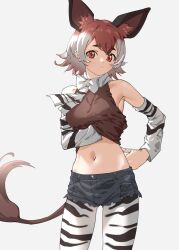 Rule 34 | 1girl, bare shoulders, blush, bow, bowtie, brown eyes, brown hair, brown shirt, commentary, cowboy shot, crop top, denim, denim shorts, detached sleeves, extra ears, grey background, hair between eyes, highres, kemono friends, looking at viewer, midriff, navel, okapi (kemono friends), okapi ears, okapi print, okapi tail, pantyhose, print pantyhose, print sleeves, shirt, short hair, short shorts, shorts, sidelocks, simple background, solo, tanabe (fueisei), white bow, white bowtie, white hair
