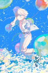 Rule 34 | 1boy, akechi hideki, balloon, belt, blue background, blue eyes, blush, brown belt, brown footwear, closed mouth, collared shirt, commentary request, expressionless, falling petals, flower, full body, grey hair, grey jacket, hand in own hair, hekiraku, highres, jacket, light particles, looking afar, mahjong soul, male focus, medium bangs, open clothes, open jacket, pants, petals, shirt, shoes, short hair, sleeves rolled up, solo, white flower, white pants, white shirt