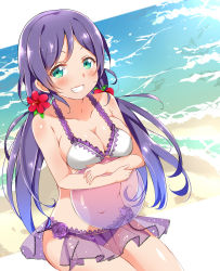 Rule 34 | 10s, 1girl, bad id, bad pixiv id, ball, bare shoulders, blush, breasts, cleavage, dorisu2, green eyes, grin, highres, long hair, looking at viewer, love live!, love live! school idol festival, love live! school idol project, navel, parted lips, purple hair, smile, solo, swimsuit, tojo nozomi, twintails