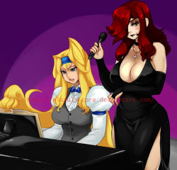 Rule 34 | 2girls, arc system works, black dress, black lips, blonde hair, breasts, bridal gauntlets, choker, cleavage, cross, cross necklace, crossover, detached sleeves, dress, dress shirt, elazuls-core, formal, green eyes, guilty gear, hair over one eye, hairband, impossible clothes, instrument, jewelry, large breasts, lipstick, long hair, makeup, microphone, millia rage, multiple girls, necklace, parasoul (skullgirls), piano, prehensile hair, red hair, shirt, side slit, skullgirls, vest, watermark, web address