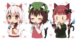 Rule 34 | 3girls, ahoge, animal ear fluff, animal ears, bad id, bad twitter id, cat ears, cat tail, chen, closed eyes, cropped torso, eating, goutokuji mike, hat, highres, kaenbyou rin, mob cap, multicolored hair, multiple girls, multiple tails, nekomata, poco (zdrq3), red eyes, silver hair, simple background, streaked hair, tail, touhou, two tails, upper body, white background, | |