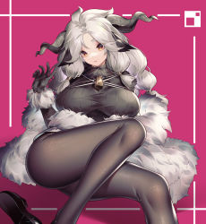 Rule 34 | 1girl, absurdres, ahoge, animal ears, arknights, bell, black footwear, black gloves, black pantyhose, black sweater, breasts, bright pupils, character request, feet out of frame, fur-trimmed sleeves, fur collar, fur shawl, fur trim, gloves, highres, horns, jiusan naitang, large breasts, legs, long hair, long sleeves, looking at viewer, lying, neck bell, on back, pantyhose, parted bangs, parted lips, pink background, red eyes, shawl, shoes, unworn shoes, sidelocks, silver hair, sweater