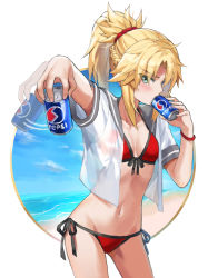 Rule 34 | 1girl, afterimage, beach, bikini, blue sky, blush, braid, brand name imitation, breasts, can, collarbone, day, drink can, drinking, fate/grand order, fate (series), french braid, green eyes, hair ornament, hair scrunchie, highres, long hair, looking at viewer, mordred (fate), mordred (fate) (all), mordred (fate/apocrypha), mordred (swimsuit rider) (fate), mordred (swimsuit rider) (second ascension) (fate), navel, open clothes, open shirt, parted bangs, pepsi, ponytail, red bikini, red scrunchie, sailor collar, scrunchie, shirt, shore, short sleeves, sidelocks, sky, small breasts, soda can, swimsuit, thighs, tonee, white shirt