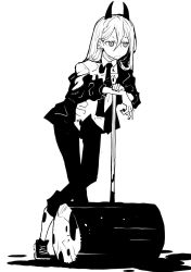 Rule 34 | blood, chainsaw man, crosshair, dowman sayman, frown, hammer, highres, monochrome, necktie, power (chainsaw man), shoes, sneakers, weapon