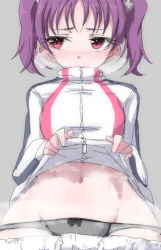 Rule 34 | 1girl, artist request, belly, black panties, blush, clothes pull, kazuno leah, love live!, love live! sunshine!!, panties, pants, pants pull, purple hair, simple background, solo, sportswear, sweat, tagme, tears, twintails, underwear, undressing