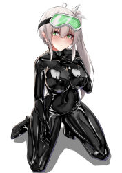 Rule 34 | 1girl, absurdres, ahoge, bodysuit, breasts, eyebrows, eyelashes, goggles, goggles on head, green eyes, grey hair, hand on own chest, highres, indie virtual youtuber, kneeling, large breasts, latex, latex bodysuit, long hair, looking at viewer, rimuchi (vtuber), solo, tight clothes, trashycontents (artist), white background
