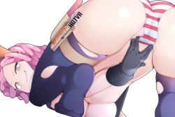 Rule 34 | 1girl, ass, black gloves, boku no hero academia, breast press, breasts, cameltoe, come hither, commentary, english commentary, foreshortening, gloves, hatsume mei, hot vr, large breasts, looking at viewer, looking back, no pants, no shoes, panties, patreon logo, patreon username, pink hair, pixiv logo, pixiv username, simple background, skindentation, smirk, solo, striped clothes, striped panties, thigh strap, thighhighs, thighs, top-down bottom-up, torn clothes, torn thighhighs, underboob, underwear, white background, yellow eyes
