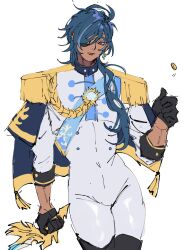 Rule 34 | 1boy, ahoge, aiguillette, black gloves, blue cape, blue eyes, blue hair, bodysuit, bulge, buttons, cape, closed mouth, coin, coin flip, cosplay, cowboy shot, cropped jacket, cryo symbol (genshin impact), dark-skinned male, dark skin, earrings, edmond (nu carnival), edmond (nu carnival) (cosplay), epaulettes, eyepatch, genshin impact, gloves, gold coin, hand up, highres, holding, holding sword, holding weapon, jacket, jewelry, kaeya (genshin impact), long hair, male focus, riki0928, simple background, sleeves past elbows, solo, sword, vision (genshin impact), weapon, white background, white bodysuit, white jacket