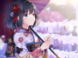 Rule 34 | 1girl, back bow, black bow, black hair, blue eyes, blurry, blurry background, bow, closed mouth, commentary request, depth of field, floral print, furisode, hair ornament, hairclip, highres, japanese clothes, kimono, kisaragi yuri, long sleeves, looking away, obi, oil-paper umbrella, original, print kimono, red umbrella, sash, solo, umbrella, white kimono, wide sleeves