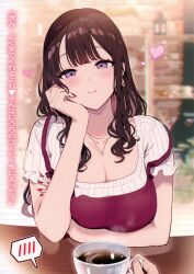Rule 34 | 1boy, 1girl, absurdres, blurry, blurry background, blush, breasts, brown hair, cleavage, closed mouth, coffee, collarbone, cup, earrings, fingernails, hand rest, head tilt, heart, highres, jewelry, kat (bu-kunn), large breasts, lips, long hair, looking at viewer, nail polish, necklace, off shoulder, original, out of frame, purple eyes, red nails, reflection, scan, short sleeves, simple background, speech bubble, steam, teacup, translated, upper body