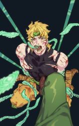 Rule 34 | 2boys, bdsm, black leotard, bleeding, blonde hair, blood, blood in hair, blood on clothes, blood on face, bondage, bound, bound arms, brown footwear, bulge, commentary, crotchless, crotchless pants, dio brando, earrings, english commentary, fangs, feet, footjob over clothes, green lips, green pants, headband, hierophant green, highres, honlo, jewelry, jojo no kimyou na bouken, kakyoin noriaki, leotard, long hair, looking at viewer, male focus, multiple boys, muscular, muscular male, open mouth, pants, pectorals, pov, school uniform, scratches, shoes, sitting, spread legs, stand (jojo), stardust crusaders, stepped on, tentacles, torn clothes, yaoi, yellow pants