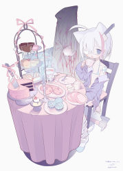 Rule 34 | 1girl, 2others, absurdres, ahoge, animal ears, axe, bandages, bikini, bikini under clothes, blue bikini, blush, cake, cake slice, cake stand, candle, candlestand, cat ears, cat girl, cat tail, chair, cherry, collarbone, commentary request, cup, cupcake, eyepatch, flat chest, food, fork, fruit, gauze, highres, holding, holding cup, knife, knife in head, layer cake, long sleeves, loose socks, macaron, medical eyepatch, micro bikini, multicolored hair, multiple others, navel, object through head, off shoulder, on chair, one eye covered, open clothes, open mouth, open shirt, original, outo eguchi, pink ribbon, plate, pudding, purple eyes, purple shirt, ribbon, shirt, shoes, short hair, signature, simple background, sitting, sleeves past wrists, smile, socks, solo focus, sparkle, streaked hair, string bikini, sugar bowl, sugar cube, swimsuit, table, tablecloth, tail, teacup, teapot, tiered tray, translation request, twitter username, uwabaki, white background, white footwear, white hair, white socks