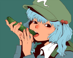 Rule 34 | 1girl, aqua background, blue hair, brown eyes, cucumber, female focus, hair bobbles, hair ornament, hat, kawashiro nitori, looking at viewer, onikobe rin, open mouth, portrait, sexually suggestive, short hair, simple background, solo, tongue, touhou, twintails, two side up