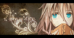 Rule 34 | 1girl, black background, black border, blonde hair, blue eyes, book, border, covered mouth, cropped shoulders, english text, flower, holding, holding book, ia (vocaloid), leaf, letterboxed, long hair, looking at viewer, plant, shiroino (shirayuki mutsuki), solo, vines, vocaloid, white flower