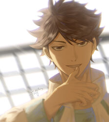 Rule 34 | 1boy, ahoge, blue shirt, blurry, blurry background, brown eyes, brown hair, chinese commentary, collared jacket, commentary, dated, finger to own chin, fingernails, haikyuu!!, high collar, highres, jacket, long sleeves, looking at viewer, making-of available, male focus, oikawa tooru (haikyuu!!), open clothes, open jacket, open mouth, sanshui guantang, shirt, short hair, signature, simple background, smile, smug, solo, sunlight, teeth, upper body, white background, white jacket, white sleeves