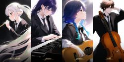 Rule 34 | 2boys, 2girls, ai-assisted, alternate costume, black hair, blunt bangs, braid, business suit, cello, collared shirt, commentary request, contemporary, formal, genshin impact, gradient hair, green eyes, guitar, hair between eyes, highres, holding, holding instrument, instrument, long hair, long sleeves, looking away, low ponytail, multicolored hair, multiple boys, multiple girls, music, nahida (genshin impact), necktie, piano, playing instrument, purple eyes, raiden shogun, raiki, shirt, short hair, side ponytail, sidelocks, single braid, suit, symbol-shaped pupils, tin-whistle, twin braids, venti (genshin impact), white hair, yellow eyes, zhongli (genshin impact)