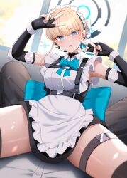 Rule 34 | 1girl, absurdres, apron, arms up, black gloves, black thighhighs, blonde hair, blue archive, blue eyes, blush, double v, elbow gloves, fingerless gloves, frills, gloves, halo, highres, kunimine yuzuki, looking at viewer, maid, maid headdress, open mouth, sitting, solo, thigh strap, thighhighs, thighs, toki (blue archive), v, white apron, white headwear
