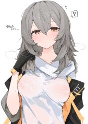 Rule 34 | 1girl, ?, black gloves, black jacket, breasts, commentary request, covered erect nipples, gloves, grey hair, hair between eyes, highres, honkai: star rail, honkai (series), jacket, looking at viewer, medium breasts, medium hair, mikozin, no bra, open clothes, open jacket, see-through, shirt, simple background, solo, spoken question mark, stelle (honkai: star rail), trailblazer (honkai: star rail), white background, white shirt, yellow eyes