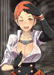 Rule 34 | 1girl, artist name, black gloves, blurry, blurry background, breasts, brown eyes, butcha-u, cleavage, cleavage reach, clothes pull, collarbone, fire emblem, fire emblem: three houses, gloves, hand on own head, highres, jewelry, large breasts, leonie pinelli, looking at viewer, necklace, nintendo, one eye closed, open mouth, orange hair, partially fingerless gloves, school uniform, shirt pull, short hair, smile, solo, sweat, unbuttoned, unbuttoned shirt, upper body, very short hair