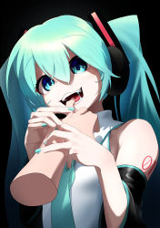 Rule 34 | 1girl, absurdres, aqua eyes, aqua hair, aqua necktie, arm tattoo, black background, black hair, blue eyes, blue nails, commentary, detached sleeves, disembodied hand, electricity, eyelashes, finger in another&#039;s mouth, hair between eyes, hair ornament, hatsune miku, highres, kinosuke (pattaba), long hair, looking at viewer, nail polish, necktie, open mouth, shirt, simple background, sleeveless, sleeveless shirt, solo focus, tattoo, upper body, vocaloid, white shirt