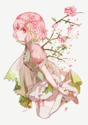 1girl :o blouse branch cape colored_eyelashes floating flower full_body garter_straps gloves gradient_hair hana_(h6n6_matsu) high_heels highres lace-trimmed_sleeves lace_trim leaf looking_at_viewer multicolored_hair original pink_eyes pink_flower pink_hair plant puffy_short_sleeves puffy_sleeves pumps shirt short_hair short_sleeves skirt solo thighhighs vines white_cape white_footwear white_gloves white_skirt white_thighhighs wings