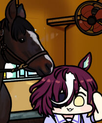 Rule 34 | 1girl, animal ears, blonde hair, bridle, commentary, creature and personification, electric fan, eyepatch, hair over one eye, horse, horse ears, horse girl, jazz jack, multicolored hair, photo-referenced, real life, red hair, sailor collar, school uniform, short hair, short sleeves, stable, streaked hair, summer uniform, tanino gimlet (racehorse), tanino gimlet (umamusume), tracen school uniform, umamusume, white hair, white sailor collar, wide face, yellow eyes
