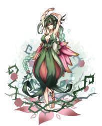 Rule 34 | 1girl, armpits, arms up, bare shoulders, barefoot, blindfold, breasts, cleavage, closed mouth, collarbone, dress, facing viewer, flower, green dress, green hair, head tilt, highres, kazana (sakuto), large breasts, long hair, monster girl, original, plant girl, red flower, red rose, rose, solo, standing, thorns, very long hair