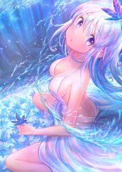 Rule 34 | 1girl, backless dress, backless outfit, bare arms, blue hair, breasts, cleavage, collarbone, dress, floating hair, from above, hair between eyes, hair ornament, head tilt, holding, kutsunohito, long hair, looking at viewer, medium breasts, multicolored hair, open mouth, original, purple eyes, sideboob, sleeveless, sleeveless dress, solo, very long hair, white dress, white hair