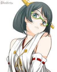Rule 34 | 10s, 1girl, bare shoulders, detached sleeves, glasses, green-framed eyewear, green eyes, green hair, hairband, kantai collection, kirishima (kancolle), looking at viewer, nontraditional miko, pre3445, short hair, solo, twitter username, upper body