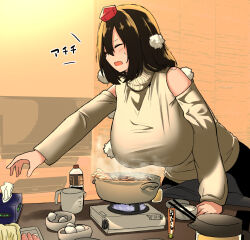Rule 34 | 1girl, akure ekuto, alternate breast size, alternate costume, black hair, black skirt, bottle, bowl, breasts, chopsticks, commentary, cooking, cooking pot, detached sleeves, egg (food), fire, food, huge breasts, jacket, jug (bottle), large breasts, leaning forward, partially translated, pom pom (clothes), rice bowl, shameimaru aya, short hair, skirt, solo, television, tissue, tissue box, touhou, translation request, white jacket