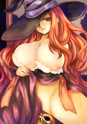 Rule 34 | 1girl, breasts, brown hair, censored, cleavage, clothes lift, convenient censoring, dragon&#039;s crown, dress, elbow gloves, gloves, hat, highres, huge breasts, inverted nipples, legs, long hair, matching hair/eyes, mini koala, nipple slip, nipples, no panties, orange eyes, orange hair, skirt, skirt lift, skull, solo, sorceress (dragon&#039;s crown), spread legs, strapless, strapless dress, sweat, thick thighs, thighs, vanillaware, witch, witch hat