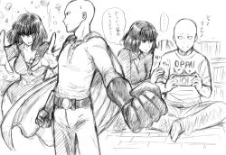 Rule 34 | 1boy, 1girl, bald, breasts, cape, cleavage, clothes writing, fubuki (one-punch man), fumitan (humitan), gloves, greyscale, handheld game console, indian style, monochrome, one-punch man, playstation portable, saitama (one-punch man), sitting, sketch, superhero costume, telekinesis, text focus, translated