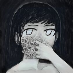 1girl bare_shoulders black_background blending body_horror covering_own_mouth empty_eyes expressionless ghostgods greyscale hand_on_own_face horror_(theme) jitome looking_at_viewer monochrome no_pupils open_hand original portrait short_hair solo surreal