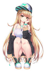 Rule 34 | 1girl, bare shoulders, blonde hair, blush, breasts, clip, full body, hair ornament, hat, highres, jacket, large breasts, long hair, looking at viewer, mythra (xenoblade), neps-l, nintendo, shirt, simple background, solo, squatting, very long hair, white background, xenoblade chronicles (series), xenoblade chronicles 2, xenoblade chronicles (series), xenoblade chronicles 2, yellow eyes