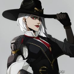 Rule 34 | 1girl, armor, ashe (overwatch), asymmetrical hair, belt buckle, black gloves, breasts, buckle, cowboy hat, darwh, earrings, eyeliner, gloves, grey background, hat, hat tip, jewelry, lipstick, looking at viewer, makeup, medium breasts, mole, mole above mouth, navel, necktie, overwatch, overwatch 1, pauldrons, red eyes, shoulder armor, signature, single pauldron, sleeves pushed up, solo, vest, white hair
