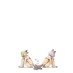 Rule 34 | 00s, 2girls, animal ears, bad id, bad pixiv id, blonde hair, cat girl, comic, final fantasy, final fantasy xi, mithra (ff11), multiple girls, nucomas, purple hair, simple background, sitting, tail, tail wagging, white background