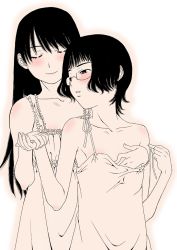 Rule 34 | 2girls, blush, grabbing another&#039;s breast, breasts, camisole, flat chest, glasses, grabbing, gusu, holding hands, long hair, monochrome, multiple girls, original, pink theme, sepia, short hair, small breasts, smile, yuri