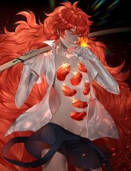 androgynous bug butterfly elbow_gloves gem gem_uniform_(houseki_no_kuni) gender_request gloves grin highres houseki_no_kuni insect long_hair looking_at_viewer open_clothes open_shirt over_shoulder padparadscha_(houseki_no_kuni) red_eyes red_hair shirt shorts smile solo suspenders sword sword_over_shoulder ultracat very_long_hair wavy_hair weapon weapon_over_shoulder