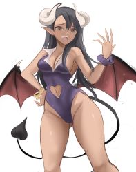Rule 34 | 1girl, alternate costume, bangle, black hair, bracelet, breasts, brown eyes, clothing cutout, collared leotard, curled horns, curvy, dark-skinned female, dark skin, demon girl, demon horns, demon tail, demon wings, fangs, gluteal fold, groin, hair between eyes, hand on own hip, hand up, heart cutout, highleg, highleg leotard, highres, horns, ijiranaide nagatoro-san, jewelry, leotard, low wings, nagatoro hayase, navel, navel cutout, no bra, official alternate costume, open mouth, pointy ears, purple leotard, purple scrunchie, rakeemspoon, revealing clothes, scrunchie, shiny skin, simple background, sketch, solo, tail, teeth, thighs, thong leotard, upper teeth only, white background, wide hips, wings, wrist scrunchie