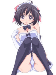 Rule 34 | 1girl, :o, ahoge, black bow, black bowtie, black eyes, black hair, black skirt, black thighhighs, blush, bow, bowtie, breasts, cleavage, collar, crotch seam, detached collar, elbow gloves, frilled skirt, frills, gloves, hair bow, hairband, invisible chair, kikuchi tsutomu, looking at viewer, medium breasts, miniskirt, open mouth, original, panties, pink bow, shirt, simple background, sitting, skirt, solo, strapless, thighhighs, underwear, white background, white collar, white gloves, white hairband, white panties, white shirt, wing collar