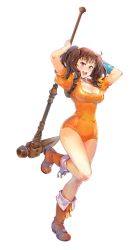Rule 34 | 10s, 1girl, arms up, blush, boots, breasts, cleavage, diane (nanatsu no taizai), full body, holding, holding weapon, large breasts, leotard, looking at viewer, nanatsu no taizai, official art, open mouth, round teeth, short sleeves, simple background, solo, teeth, weapon, white background