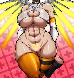 Rule 34 | 1girl, abs, absurdres, alternate breast size, anguriask, arms behind back, artificial vagina, bare shoulders, cleavage cutout, cleft of venus, clothing cutout, collarbone, covered collarbone, english text, gloves, glowing, glowing tattoo, highres, meme, mercy (overwatch), muscular, muscular female, navel, orange thighhighs, overwatch, overwatch 1, overwatch 2, patterned, patterned background, profanity, pubic tattoo, pussy, sex toy, signature, skindentation, solo, tattoo, thigh strap, thighhighs, white gloves, wide hips, wings